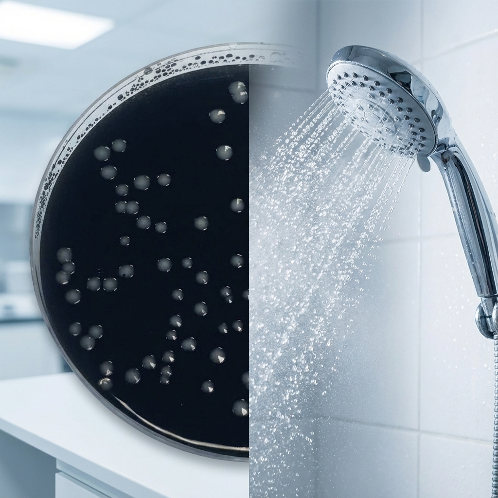 Placa de cultivo de Legionella y ducha con aerosolización